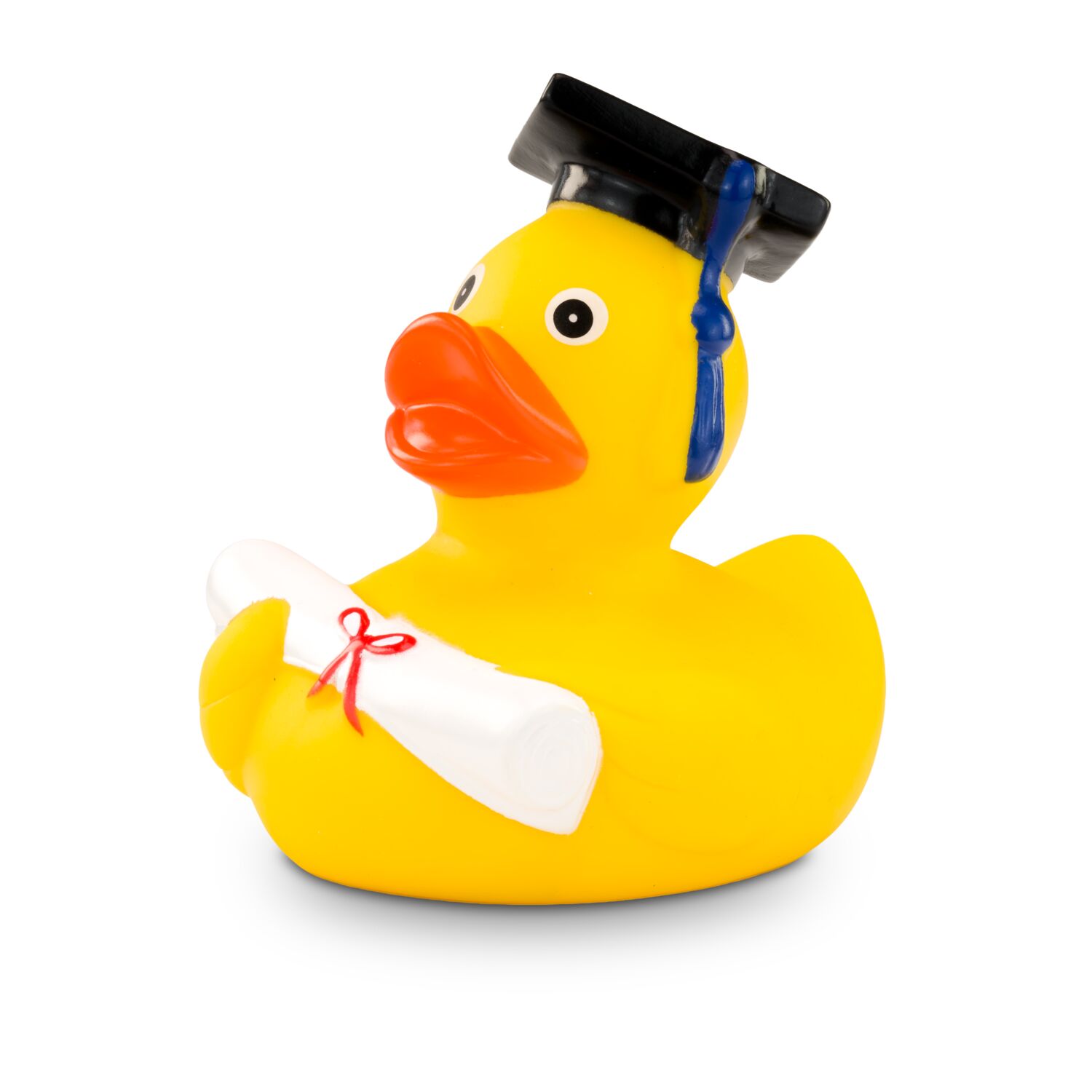 gelbe Werbeente Albert Akademiker mit Absolventenhut und Diplom, Größe: ca. 8 cm. Inklusive Quietschventil