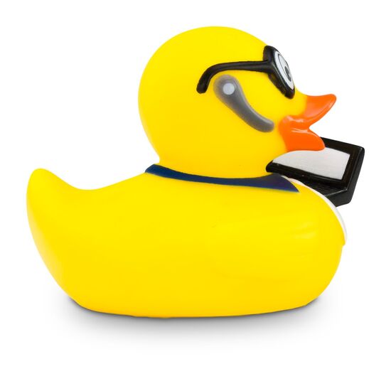 gelbe Werbeente Oskar Office mit orangenem Schnabel,Headset und Laptop, Größe: ca. 8 cm. Inklusive Quietschventil