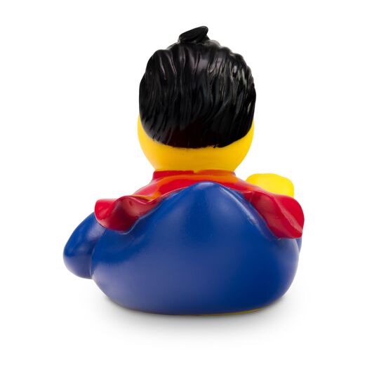 gelbe Werbeente Superduck mit Superheldenanzug mit Blitz-Print und Umhang, Größe: ca. 8 cm. Inklusive Quietschventil