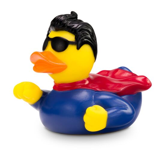 gelbe Werbeente Superduck mit Superheldenanzug und Umhang, Größe: ca. 8 cm. Inklusive Quietschventil