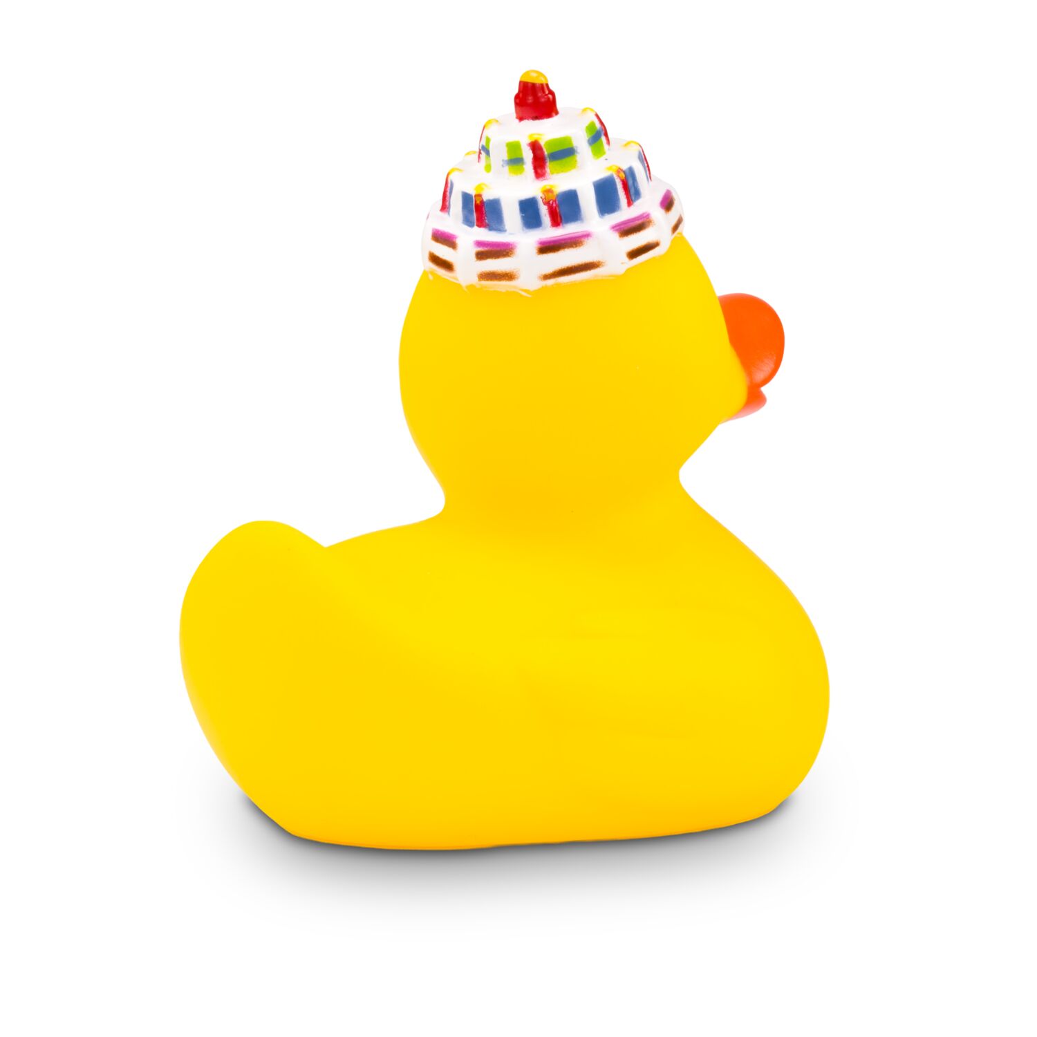 gelbe Werbeente Gabi Geburtstag mit orangenem Schnabel, Geburtstagskuchenmütze undBanner, Größe: ca. 8 cm. Inklusive Quietschventil