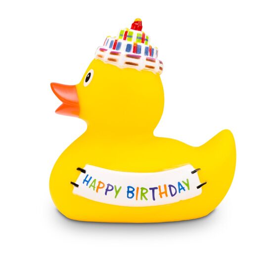 gelbe Werbeente Gabi Geburtstag mit orangenem Schnabel, Geburtstagskuchenmütze undBanner, Größe: ca. 8 cm. Inklusive Quietschventil