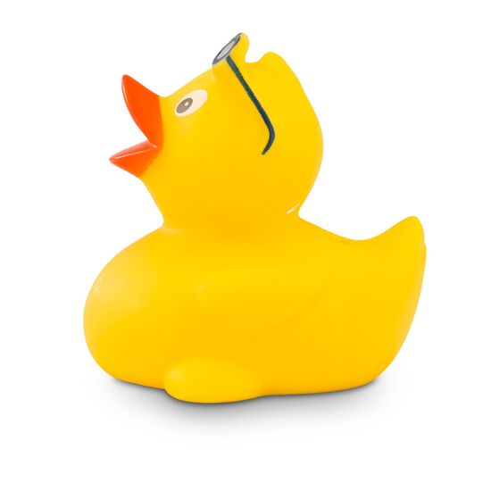 gelbe Werbeeente Willi Wellenreiter mit Surfbrett und Sonnenbrille Größe: ca. 8 cm. Inklusive Quietschventil