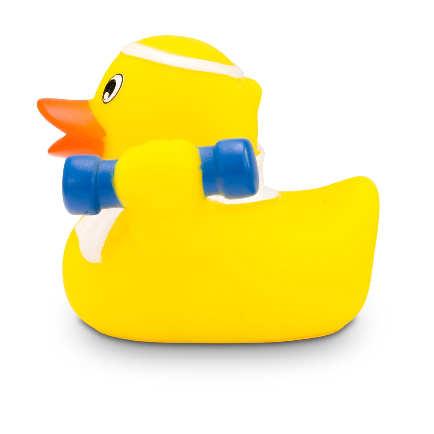 gelbe Badeente Herbert Hantel mit Hantel, Handtuch und Stirnband, Größe: ca. 8 cm. Inklusive Quietschventil