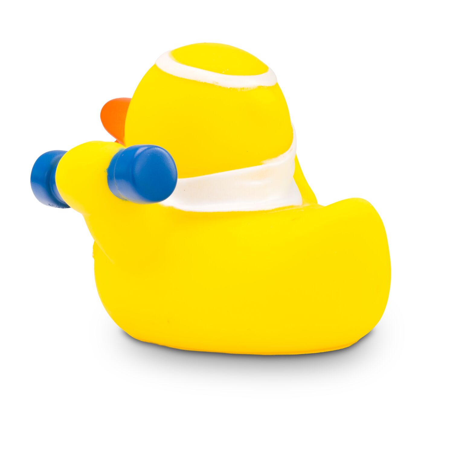 gelbe Badeente Herbert Hantel mit Hantel, Handtuch und Stirnband, Größe: ca. 8 cm. Inklusive Quietschventil