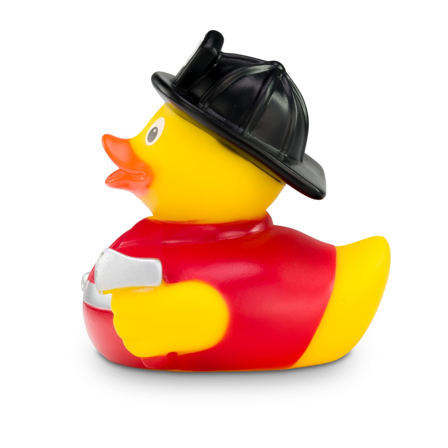 gelbe Badeente Frederik Feuerwehr mit roter Uniform, Gürtel und Feuerwehrhelm. Größe: ca. 8 cm, inklusive Quietschventil