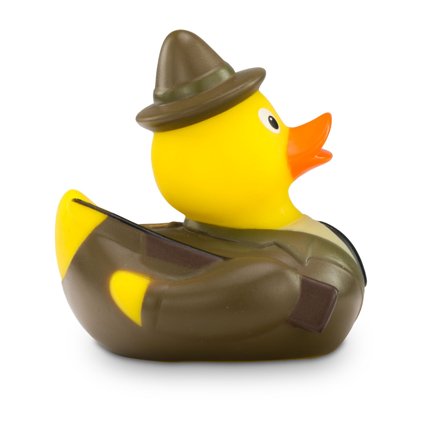 gelbe Werbeente Jens Jäger mit Jägertracht, HutGewehr, Fernglas und Jagdhorn, Größe: ca. 8 cm. Inklusive Quietschventil