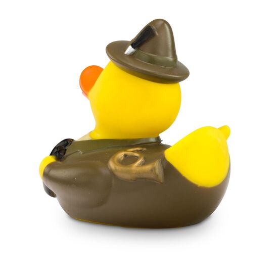 gelbe Werbeente Jens Jäger mit Jägertracht, HutGewehr, Fernglas und Jagdhorn, Größe: ca. 8 cm. Inklusive Quietschventil