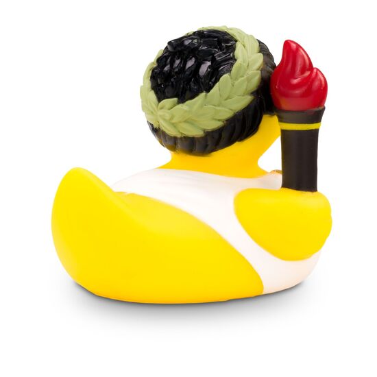 gelbe Werbeente Ole Olympia mit olympischer Fackel, Toga und Olivenkranz, Größe: ca. 8 cm. Inklusive Quietschventil