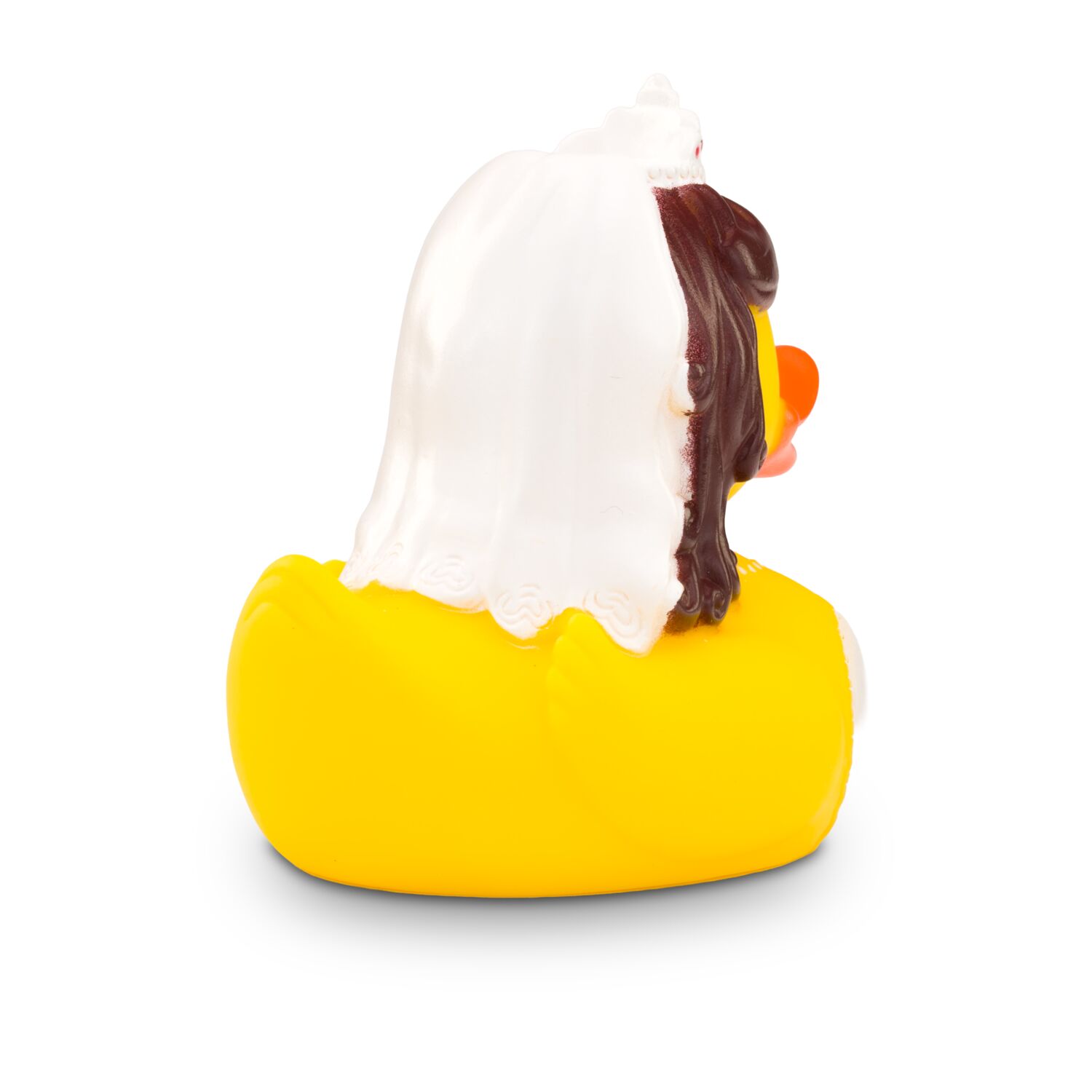 gelbe Werbeente Barbara Braut mit weißen Kleid mit Spitze, Diadem und Halskette, Größe: ca. 8 cm. Inklusive Quietschventil
