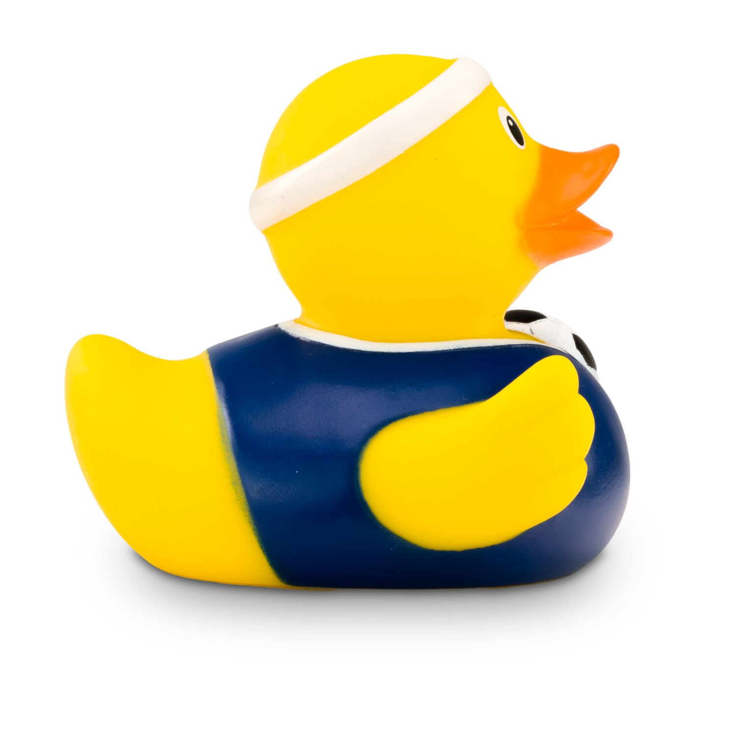 gelbe Badeente Fritz Freistoß mit blauem Trikot, Stirnband und Ball, Größe: ca. 8 cm. Inklusive Quietschventil