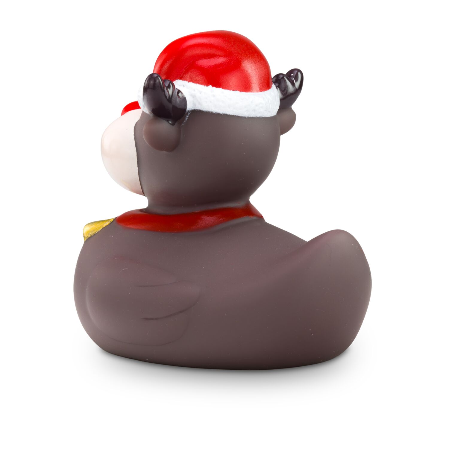 braune Werbeente Rudolph Rentier mit roter Nase, Weihnachtsmütze, Halsband mit Glöckchen, Größe: ca. 8 cm. Inklusive Quietschventil