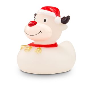 gefrostete Werbeente Rudolph Rentier mit roter Nase, Weihnachtsmütze, Halsband mit Glöckchen, Größe: ca. 8 cm. Inklusive Quietschventil