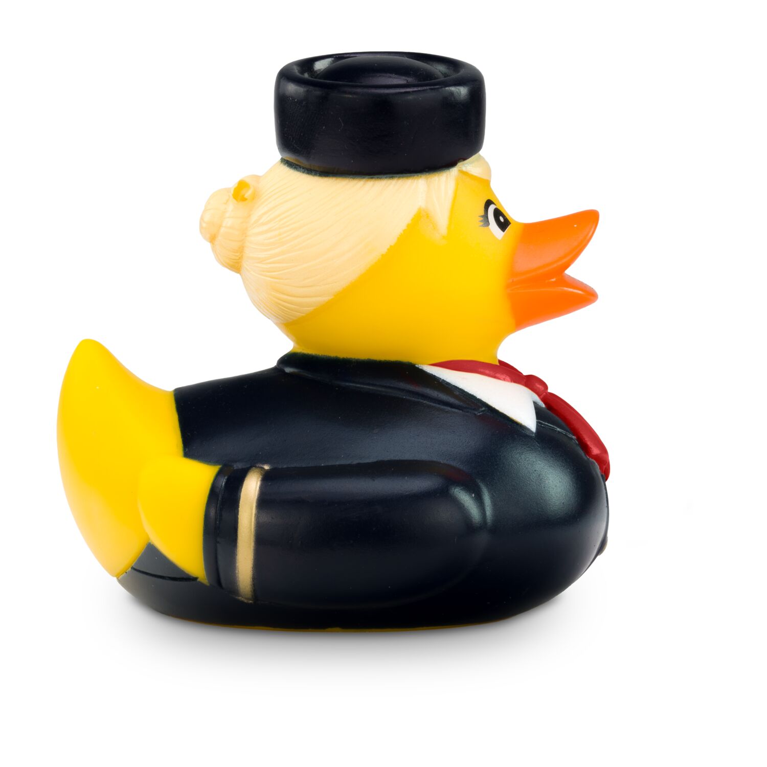 gelbe Werbeente Steffi Stewardess mit Uniform aus Bluse, rotem Halstuch und Hütchen, Größe: ca. 8 cm. Inklusive Quietschventil
