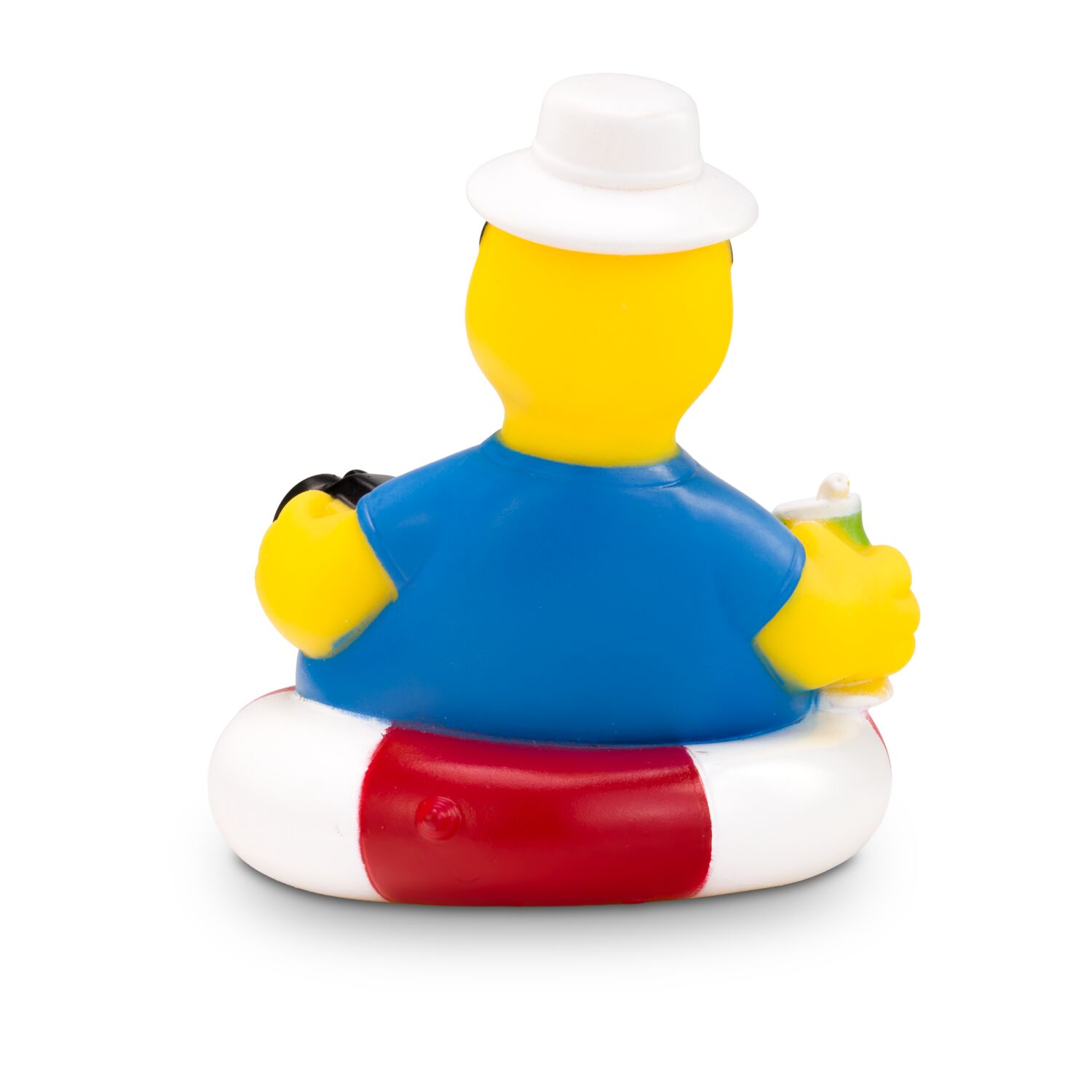 gelbe Werbeente Uli Urlaub auf Schwimmreifen mit Sonnenbrille, Sonnenhut, Kamera und ein Cocktailglas, Größe: ca. 8 cm. Inklusive Quietschventil