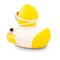 gelbe Werbeente Gerda Gesund mit Maske und Desinfektionsmittel, Größe: ca. 8 cm. Inklusive Quietschventil