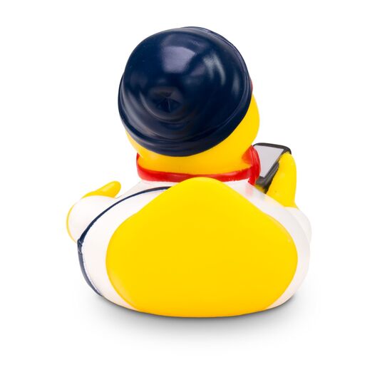 gelbe Werbeente Hannes Hipster mit weißem Shirt, Latzhose, Mütze und Kopfhörer, Größe: ca. 8 cm. Inklusive Quietschventil