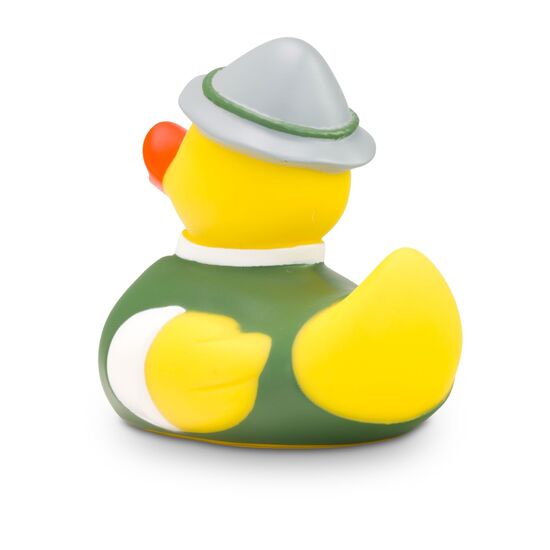 gelbe Werbeente Anton Alm mit weißem Trachtenhemd, Weste inklusive Edelweiß-Print und Filzhut, Größe: ca. 8 cm. Inklusive Quietschventil