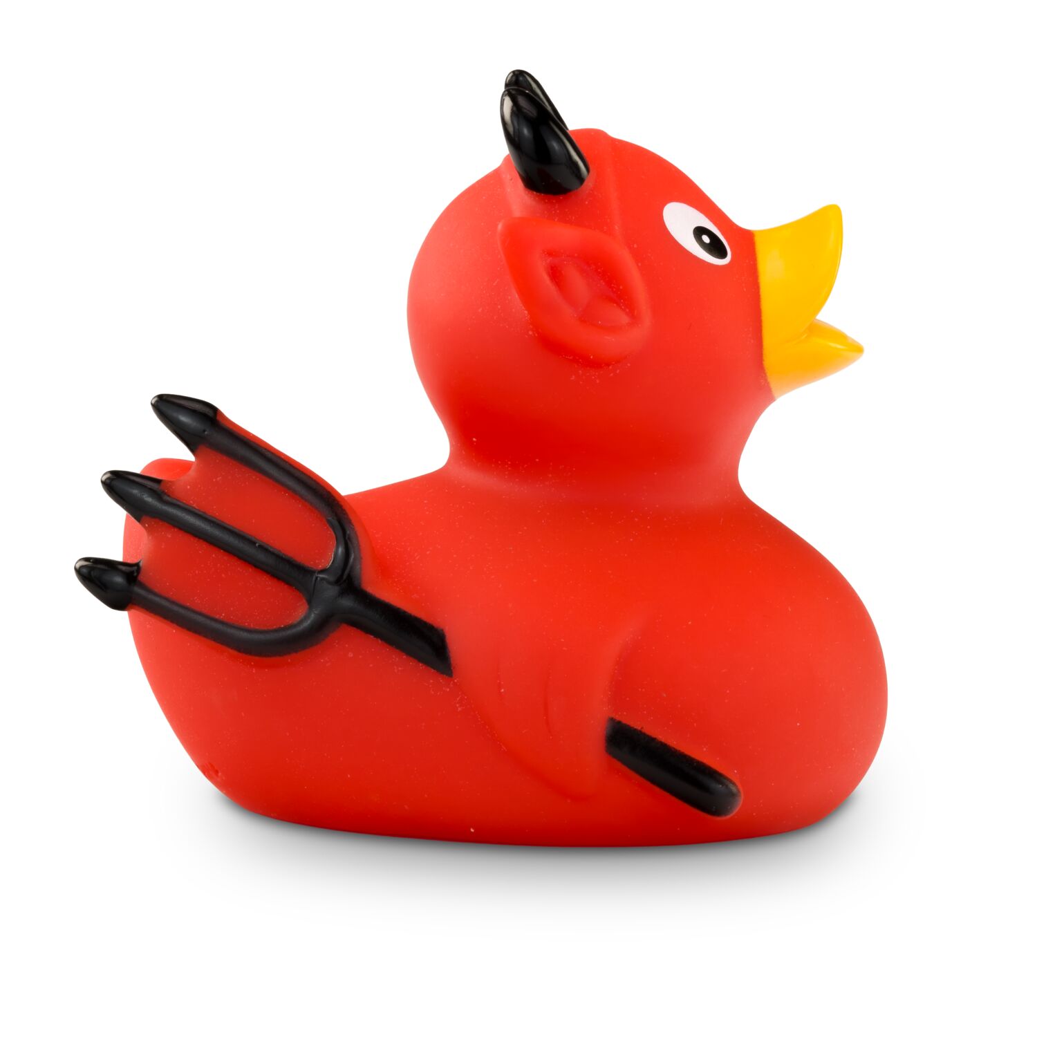 rote Badeente Theo Teufel mit schwarzen Hörnern und Feuerhaken,Größe: ca. 8 cm. Inklusive Quietschventil