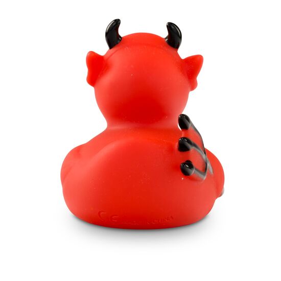 rote Badeente Theo Teufel mit schwarzen Hörnern und Feuerhaken,Größe: ca. 8 cm. Inklusive Quietschventil