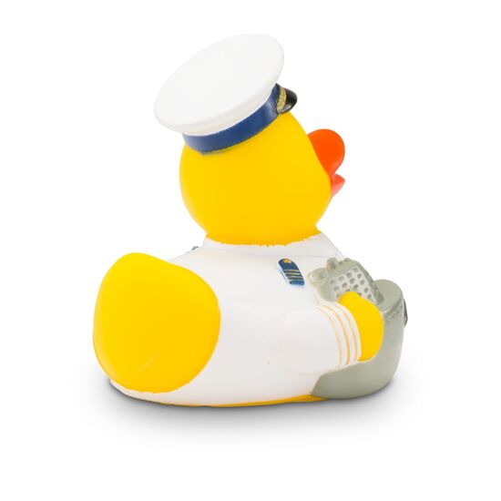 gelbe Werbeente Konrad Kreuzfahrt mit Uniform, Matrosenkappe und Pfeife, Größe: ca. 8 cm. Inklusive Quietschventil