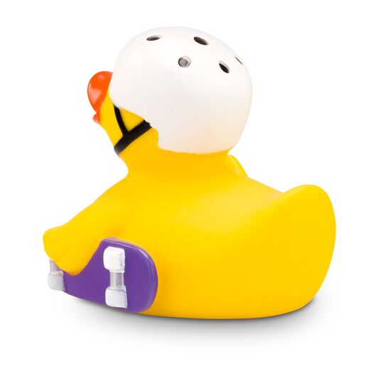 gelbe Werbeente Kai Kickflip mit Helm und Skateboard, Größe: ca. 8 cm. Inklusive Quietschventil