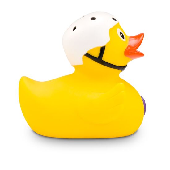 gelbe Werbeente Kai Kickflip mit Helm und Skateboard, Größe: ca. 8 cm. Inklusive Quietschventil