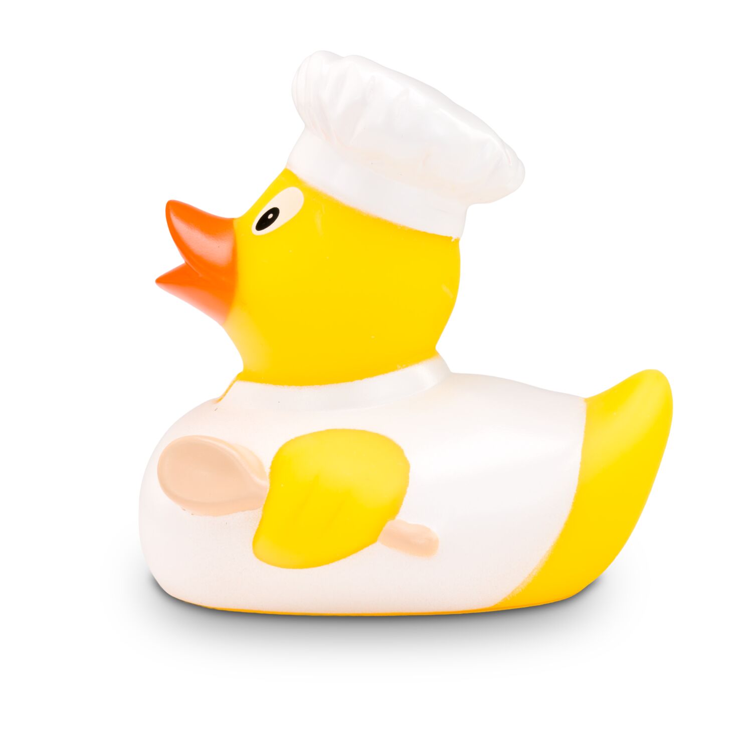 gelbe Werbeente Bruno Bratpfanne mit weißem Koch-Outfit, Bratpfanne und Kochlöffel, Größe: ca. 8 cm. Inklusive Quietschventil