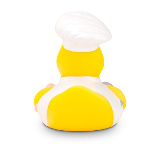 gelbe Werbeente Bruno Bratpfanne mit weißem Koch-Outfit, Bratpfanne und Kochlöffel, Größe: ca. 8 cm. Inklusive Quietschventil