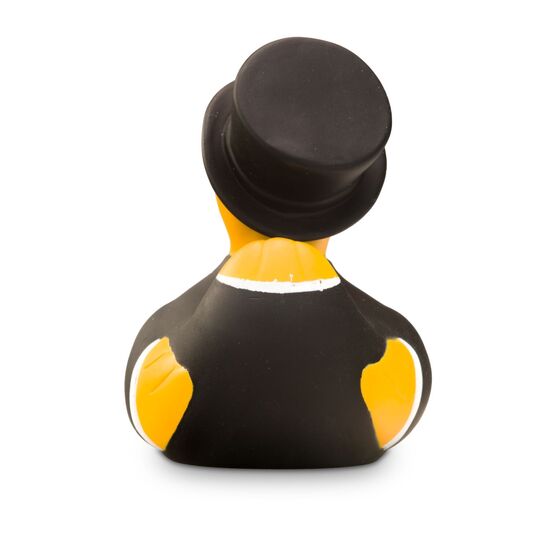 gelbe Werbeente Bodo Bräutigam im Hochzeits-Look mit weißen Hemd, Fliege und Frack, Größe: ca. 6 cm. Inklusive Quietschventil