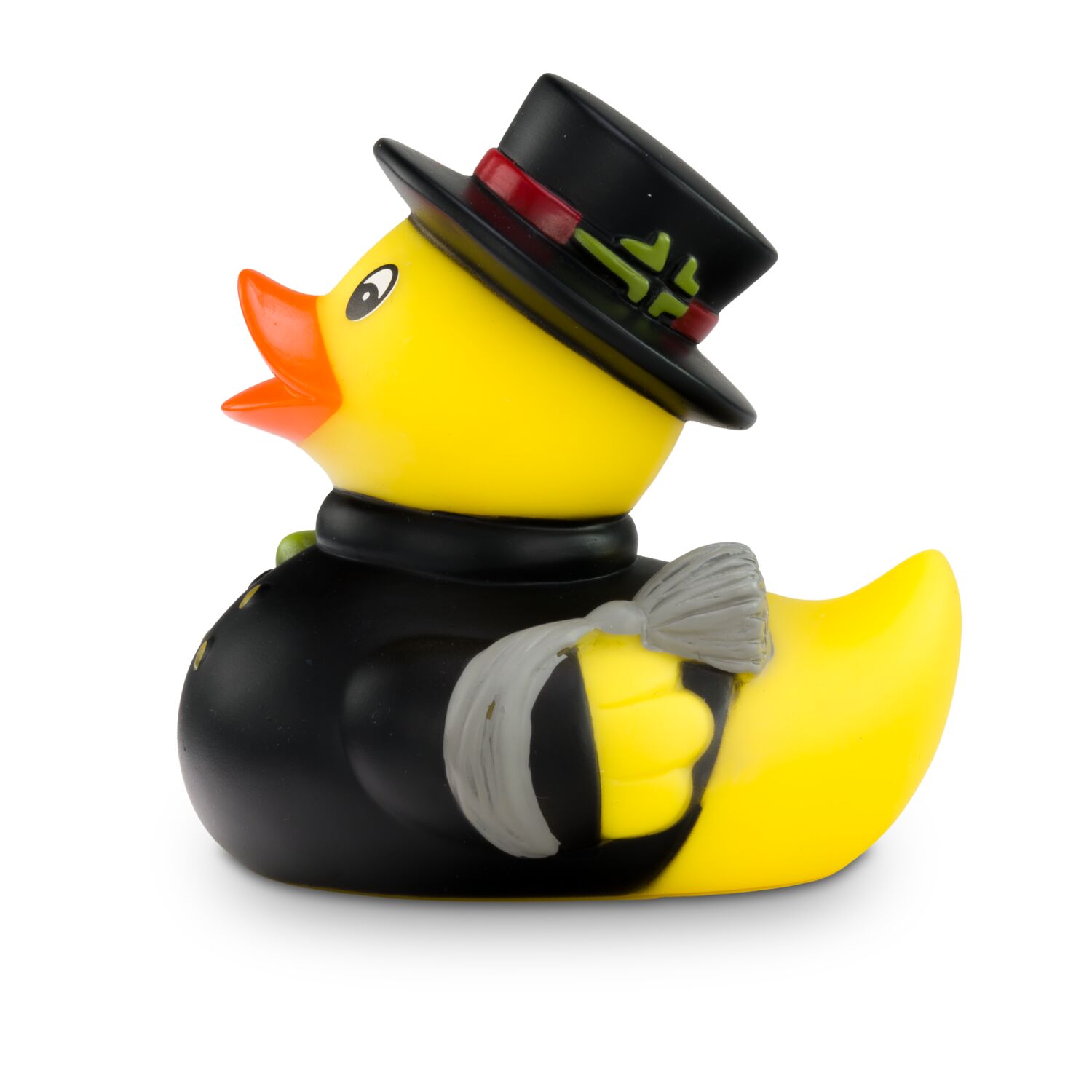 gelbe Badeente Felix Fegeglück mit Uniform in schwarz und Zylinder, Größe: ca. 8 cm. Inklusive Quietschventil