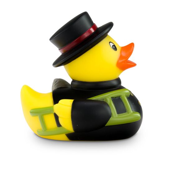 gelbe Badeente Felix Fegeglück mit Uniform in schwarz und Zylinder, Größe: ca. 8 cm. Inklusive Quietschventil
