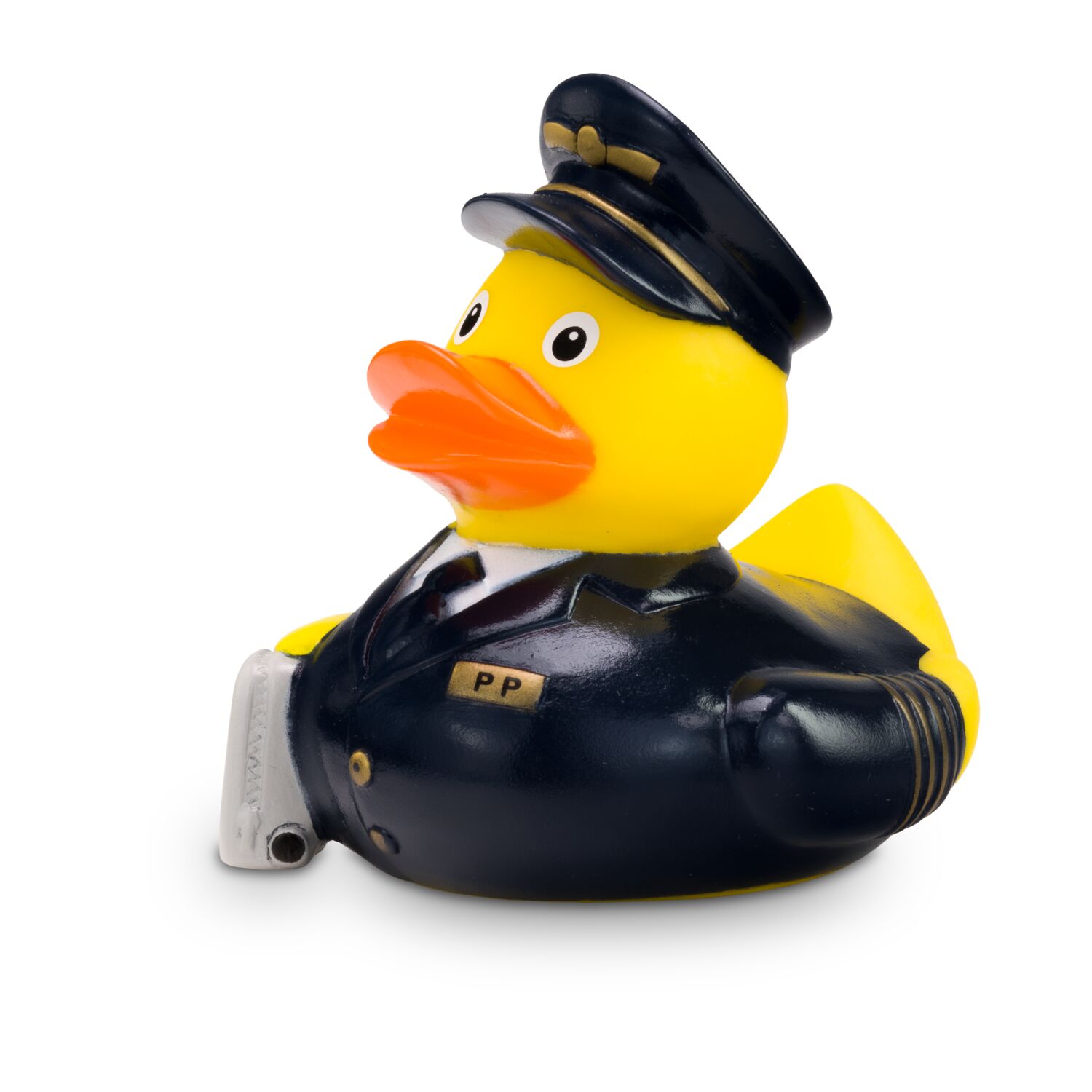 gelbe Werbeente Pepe Pilot mit Piloten-Uniform mit Krawatte, Mütze und Koffer, Größe: ca. 8 cm. Inklusive Quietschventil