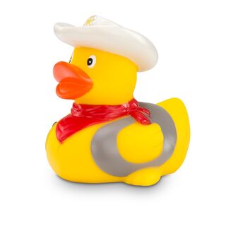 gelbe Werbeente Colin Colt mit Cowboyhut, Halstuch, Pistole und Weste, Größe: ca. 8 cm. Inklusive Quietschventil