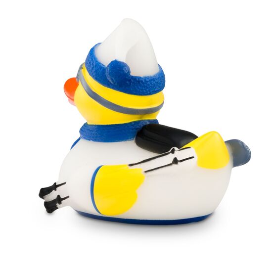 gelbe Werbeente Timo Tiefschnee mit weißem Skianzug, Mütze, Skibrille, Schal und Rucksack, Größe: ca. 8 cm. Inklusive Quietschventil