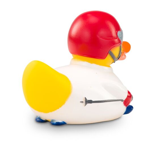 gelbe Werbeente Andi Abfahrt mit weißem Skianzug, Helm mit Visier und Skistöcke, Größe: ca. 8 cm. Inklusive Quietschventil