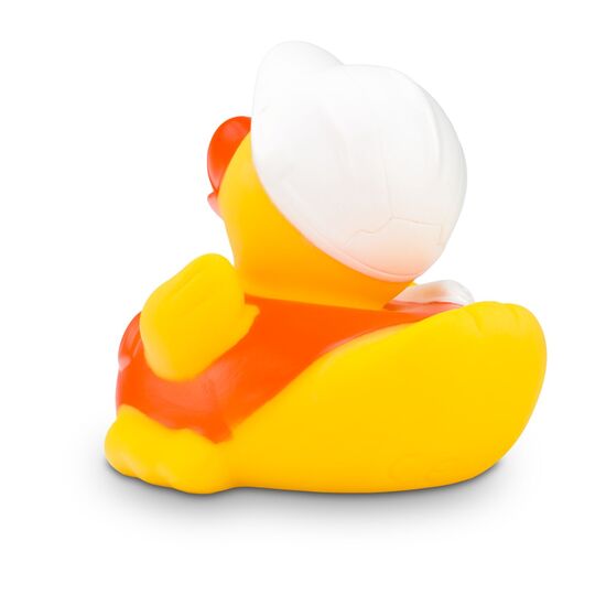 gelbe Badeente Bob Bauleiter mit Bauhelm, orangener Warnweste und Bauplänen. Größe: ca. 8 cm, inklusive Quietschventil
