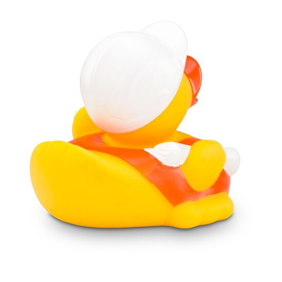 gelbe Badeente Bob Bauleiter mit Bauhelm, orangener Warnweste und Bauplänen. Größe: ca. 8 cm, inklusive Quietschventil