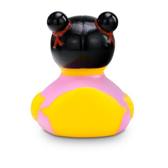 gelbe Werbeente Kim Kimono mit rosa Kimono und Dutt-Frisur, Größe: ca. 8 cm. Inklusive Quietschventil