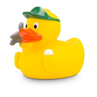 gelbe Badeente Georg Golfer mit grüner Kappe, Golfball und Golftasche. Größe: ca. 8 cm. Inklusive Quietschventil
