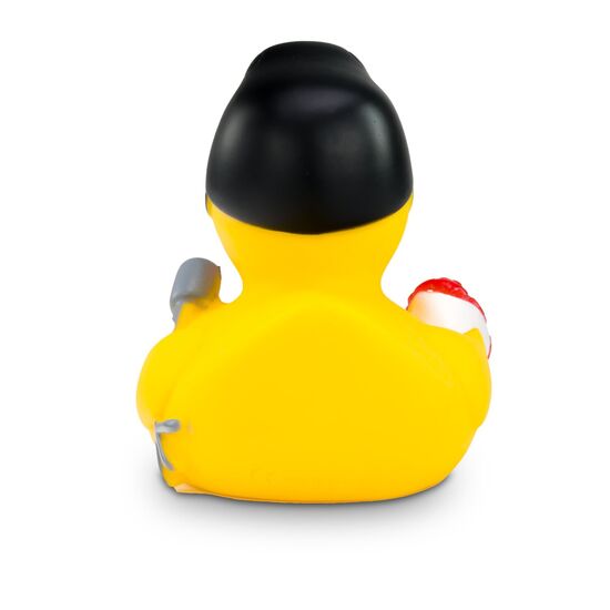 gelbe Werbeente Rocky Roll mit Haartolle, Rosen und Mikrofon, Größe: ca. 8 cm. Inklusive Quietschventil