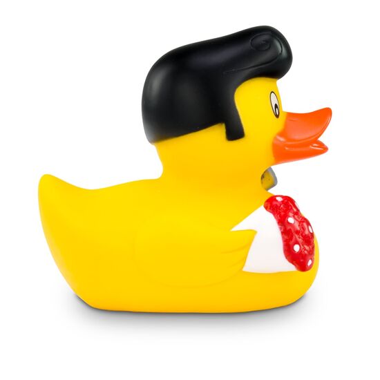 gelbe Werbeente Rocky Roll mit Haartolle, Rosen und Mikrofon, Größe: ca. 8 cm. Inklusive Quietschventil