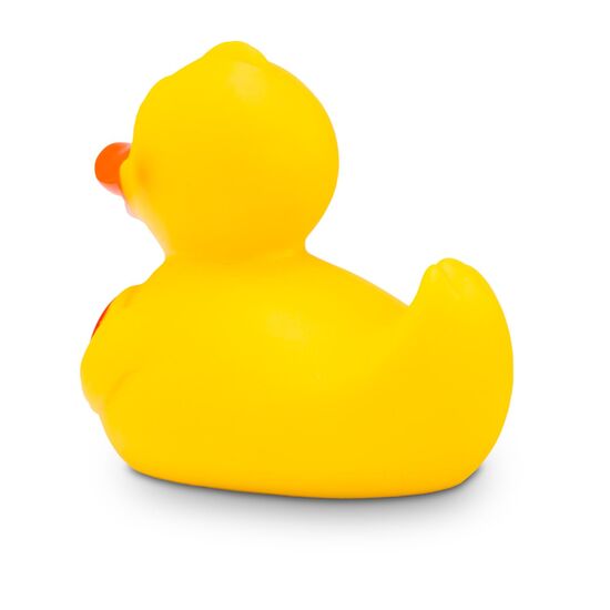 gelbe Werbeente Henriette Herz mit orangenem Schnabel und rotem Herz auf der Brust, Größe: ca. 8 cm. Inklusive Quietschventil