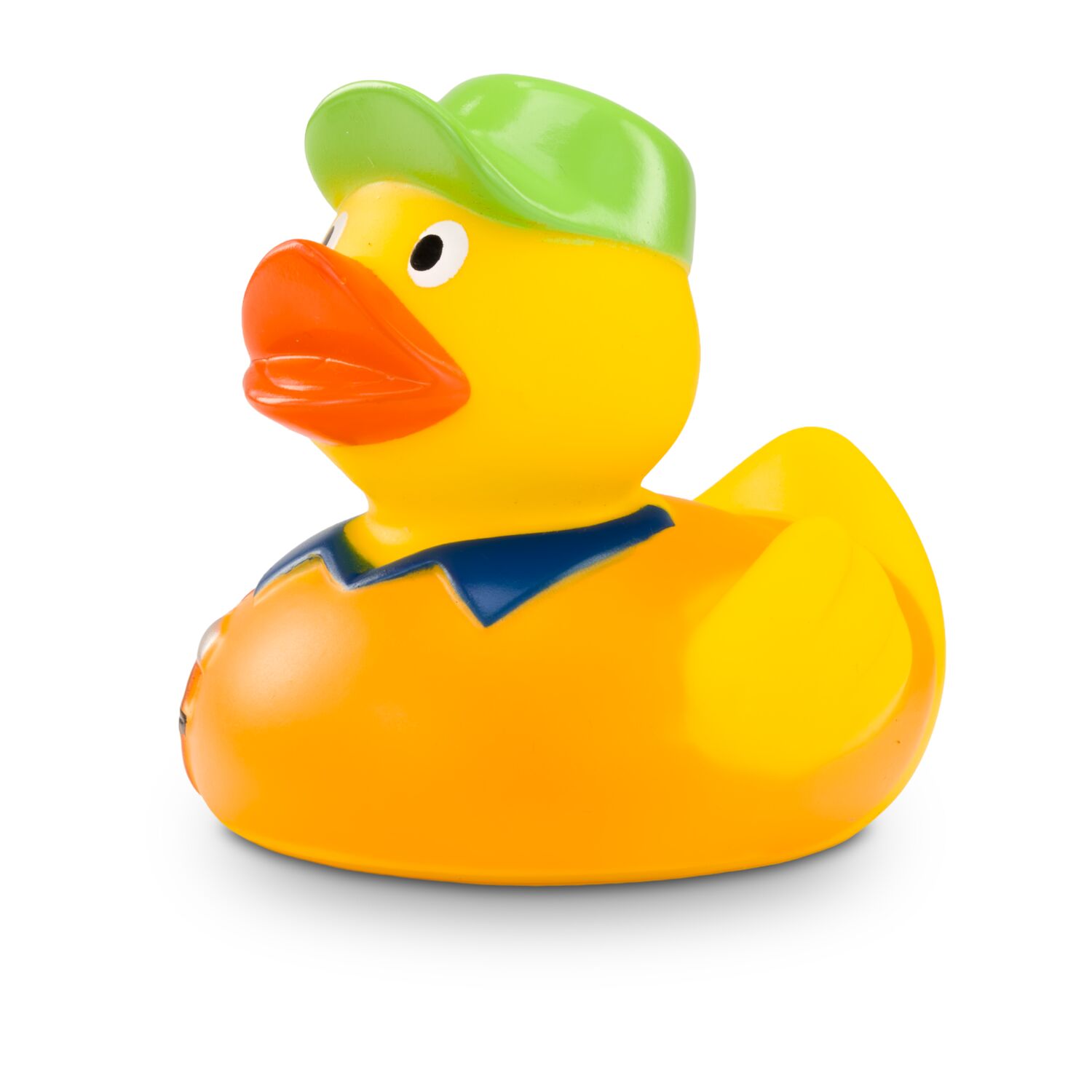 gelbe Badeente Hugo Handwerker mit orangefarbener Kappe, Hemd und Werkzeug-Gürtel. Größe: ca. 8 cm. Inklusive Quietschventil
