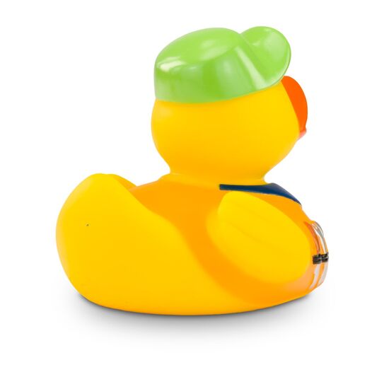 gelbe Badeente Hugo Handwerker mit orangefarbener Kappe, Hemd und Werkzeug-Gürtel. Größe: ca. 8 cm. Inklusive Quietschventil