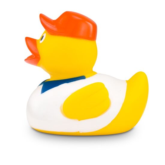 gelbe Badeente Hugo Handwerker mit grüner Kappe, Hemd und Werkzeug-Gürtel. Größe: ca. 8 cm. Inklusive Quietschventil