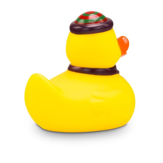 gelbe Werbeente Fridolin Frieden mit Peace-Symbol an einem braunen Band, Mütze und Banner "PEACE", Größe: ca. 8 cm. Inklusive Quietschventil