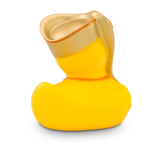 gelbe Werbeente Vicky Venedig mit Gesichts- und Kopfmaske, Blume und Halstuch, Größe: ca. 8 cm. Inklusive Quietschventil