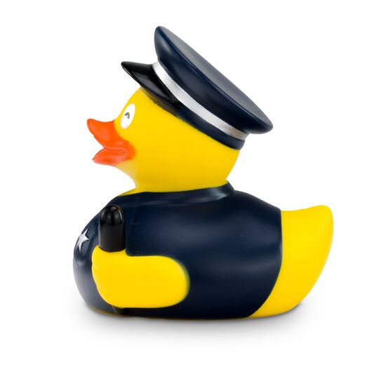 gelbe Werbeente Walter Wachtmeister mit Polizeiuniform, Schirmmütze, Handschellen und Knüppel, Größe: ca. 8 cm. inklusive Quietschventil