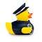 gelbe Werbeente Walter Wachtmeister mit Polizeiuniform, Schirmmütze, Handschellen und Knüppel, Größe: ca. 8 cm. inklusive Quietschventil
